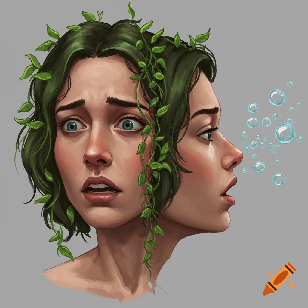 A person's face with two profiles; one panicked front view, one calm side view exhaling bubbles, linked by vines.