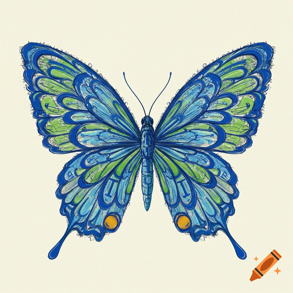 Illustration of a blue and green butterfly made from shapes resembling the letters T, A, U, and L.