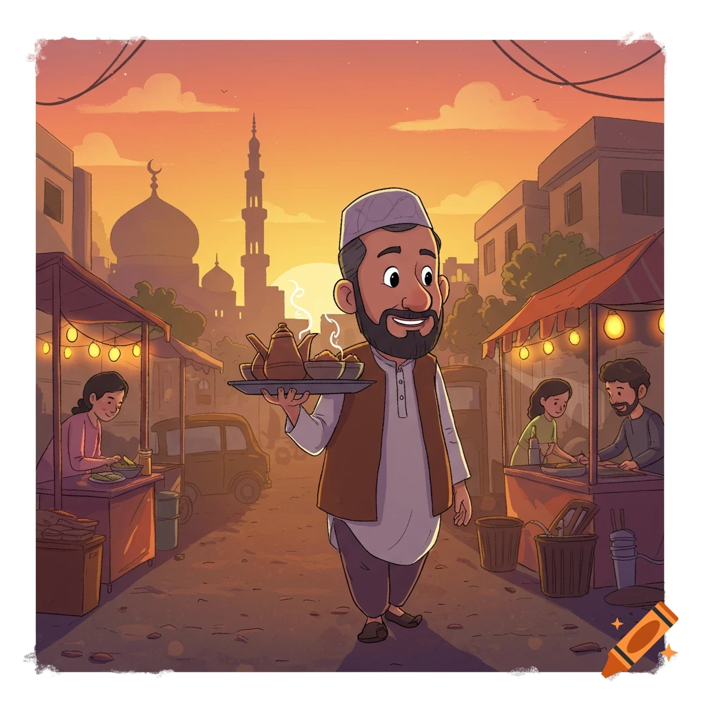 Cartoon illustration of a man holding a tea tray in a lively marketplace at sunset, with stalls and a mosque in the background.