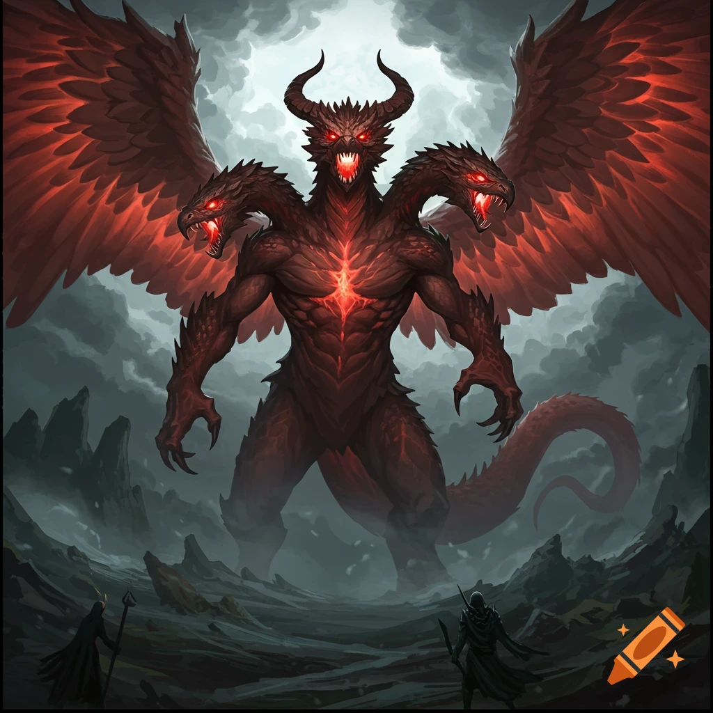 A large red three-headed monster with wings towering over two figures in a dark, rocky landscape.