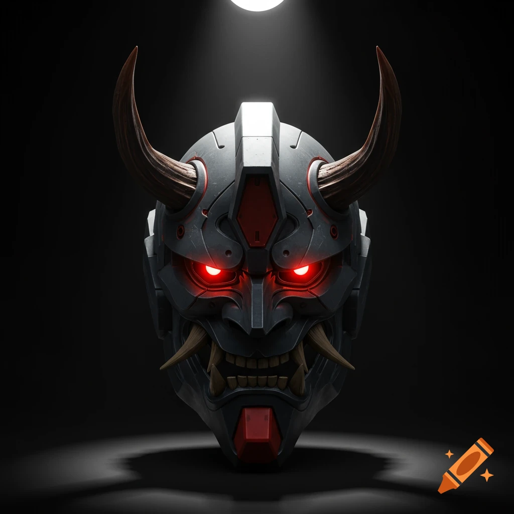 A futuristic armored Oni mask with glowing red eyes and horns on a dark background.