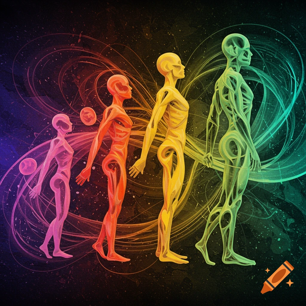 Translucent human figures in different colors evolving or growing against an abstract, colorful background.