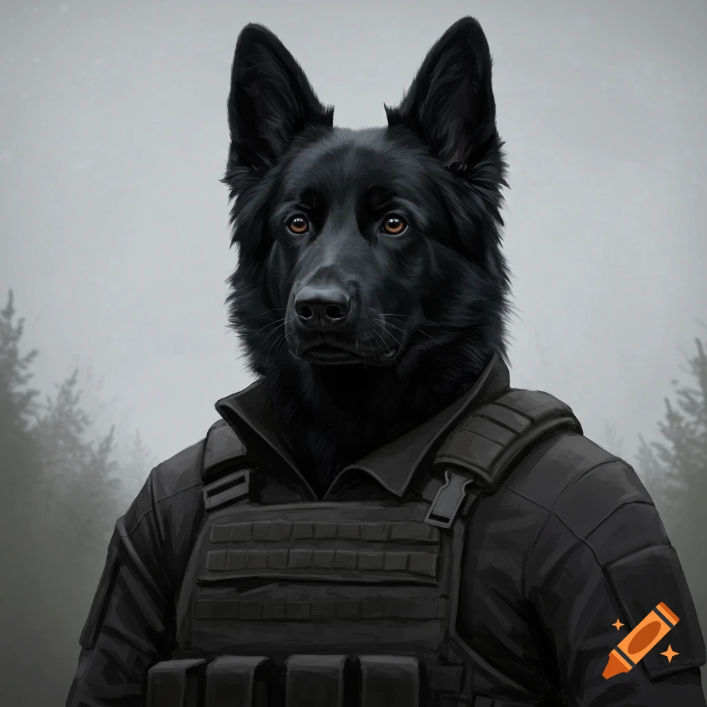 A black German Shepherd dog wearing a tactical vest.