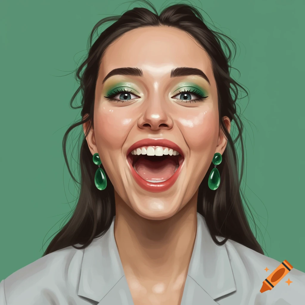 A woman laughs with green eye makeup and earrings against a green background.