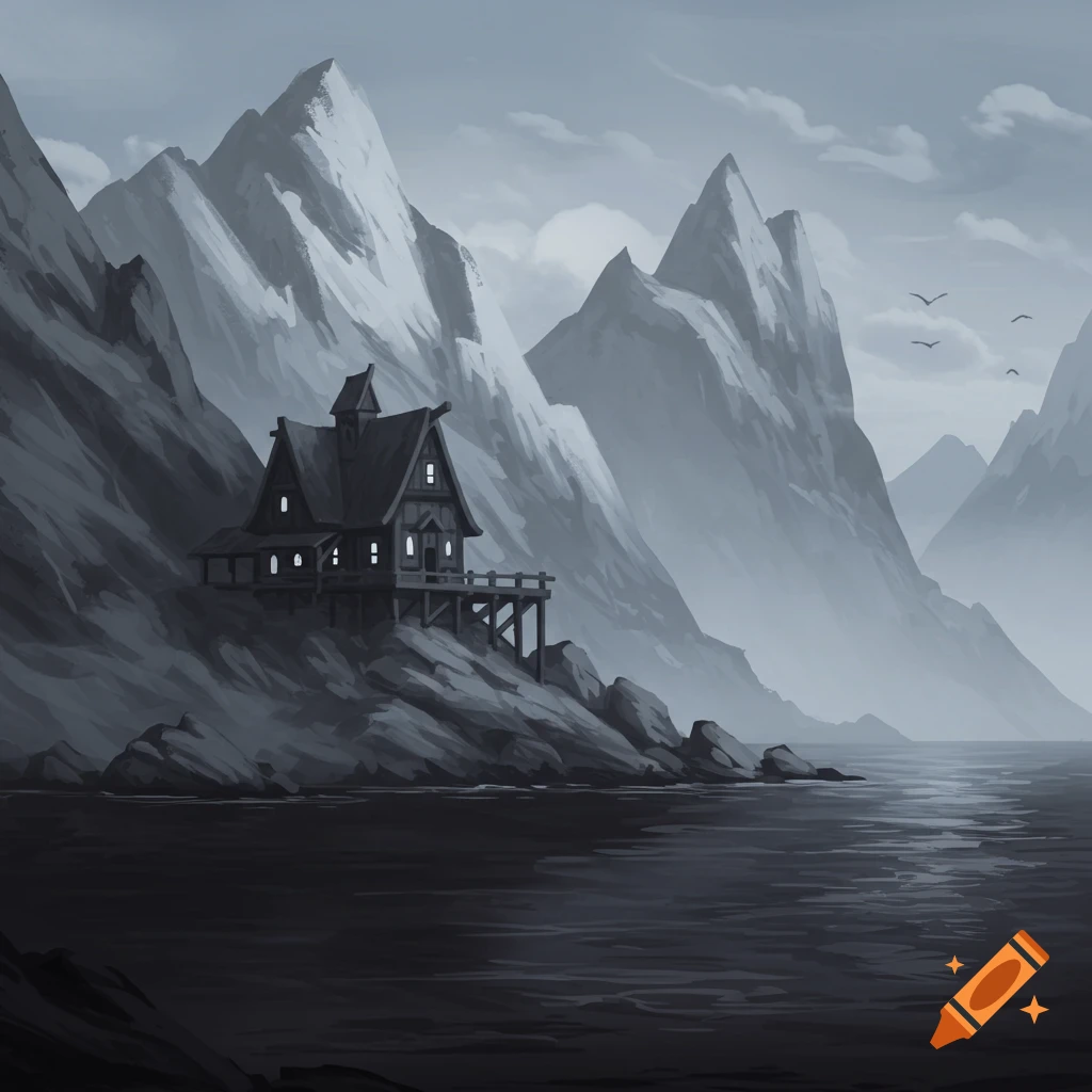 A monochrome image of a house on a cliff overlooking the ocean with large mountains and birds.