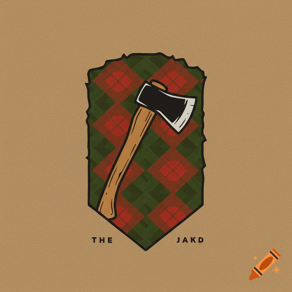 Illustration of a logo shield with plaid pattern and axe, text 'THE JAKD'.
