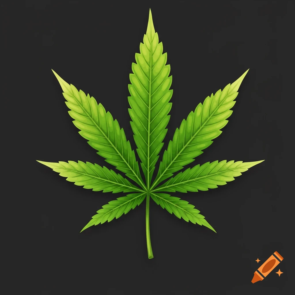 A green cannabis leaf on a dark background.
