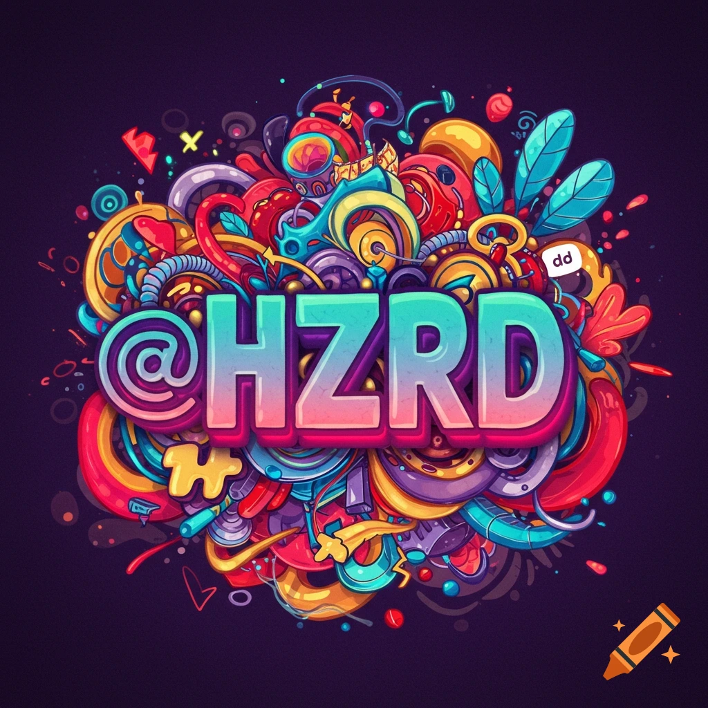 Colorful abstract illustration with intertwined shapes and doodles, featuring the central text @HZRD.