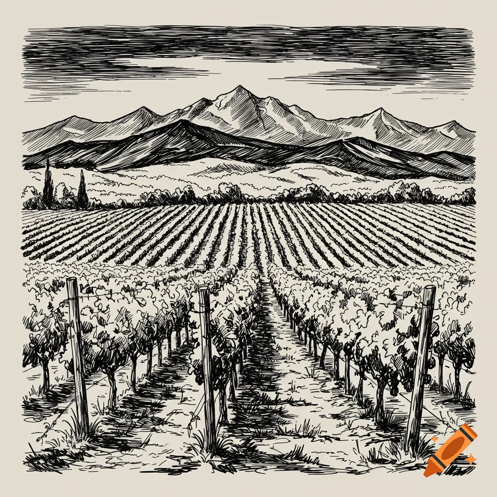 Black and white hand-drawn illustration of a vineyard landscape with mountains.