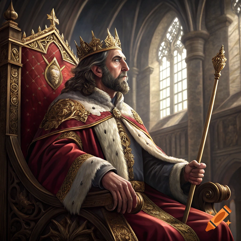 A majestic king sits on a golden throne in a grand medieval castle, wearing a crown and red and white robes.