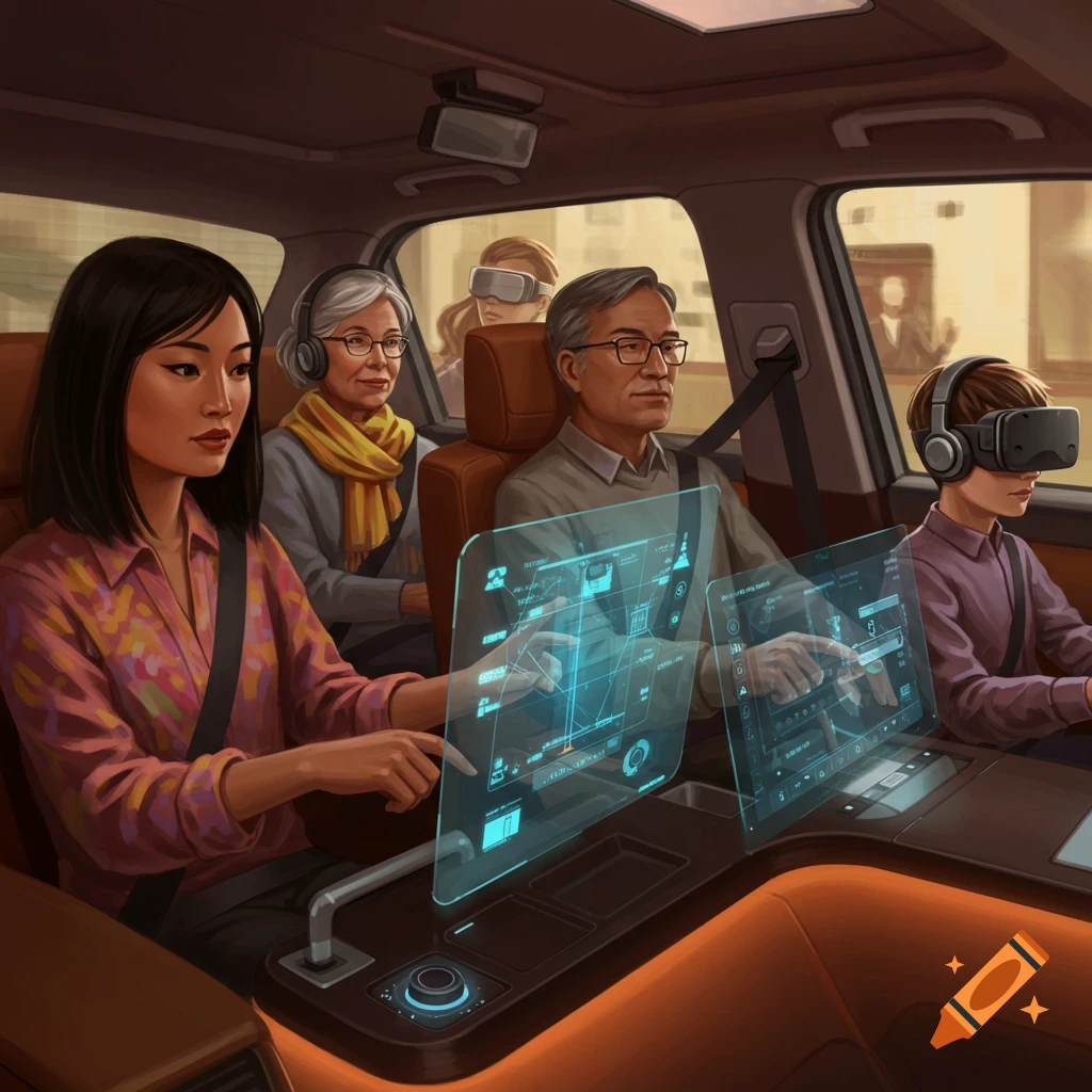 A family inside an autonomous vehicle, utilizing holographic screens and VR headsets.