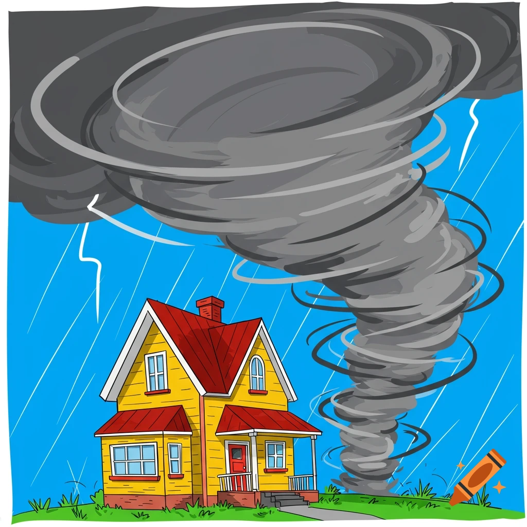 Cartoon drawing of a yellow house with a large grey tornado swirling behind it, with lightning and rain.