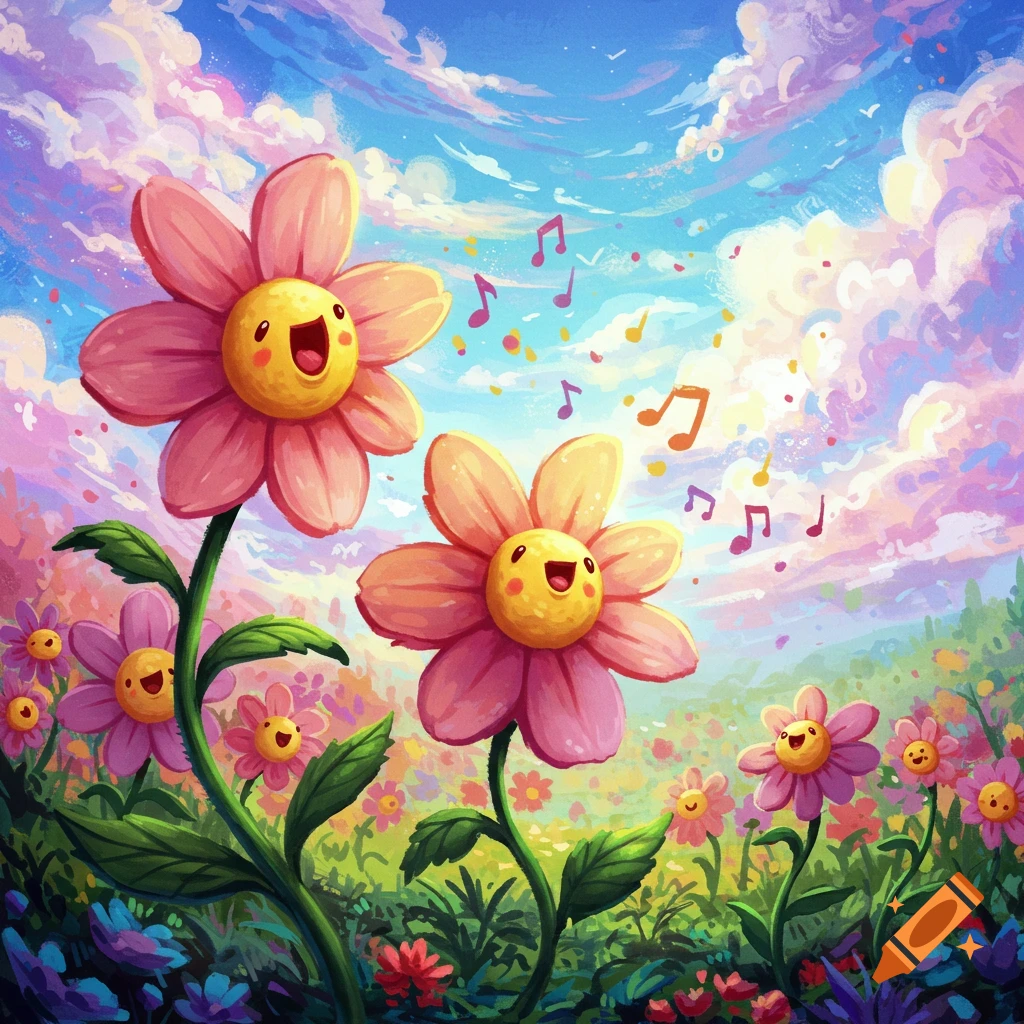 Cheerful cartoon flowers with faces singing in a bright meadow with floating musical notes.