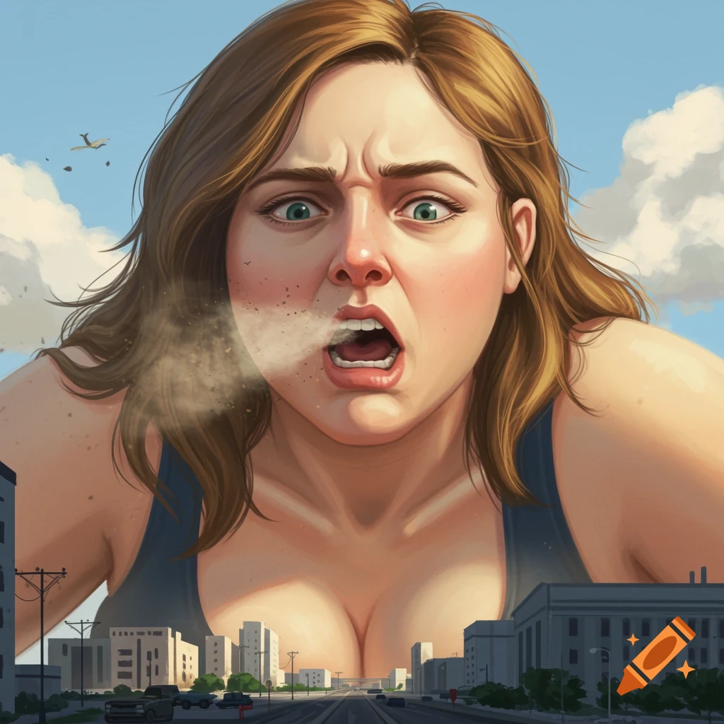 Realistic depiction of a giant woman mid-sneeze over a city street, buildings and cars tiny below her.