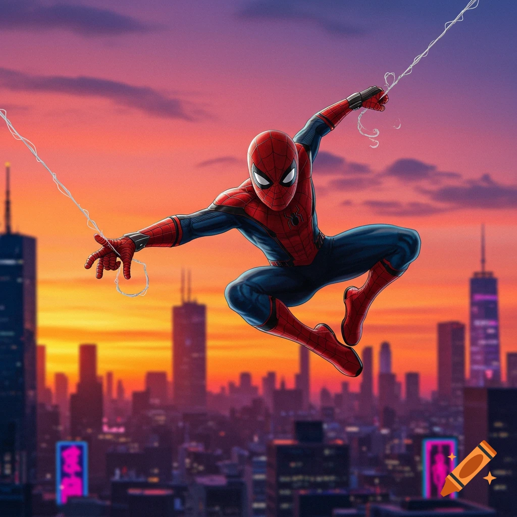 A depiction of Spider-Man swinging through a city skyline at sunset.