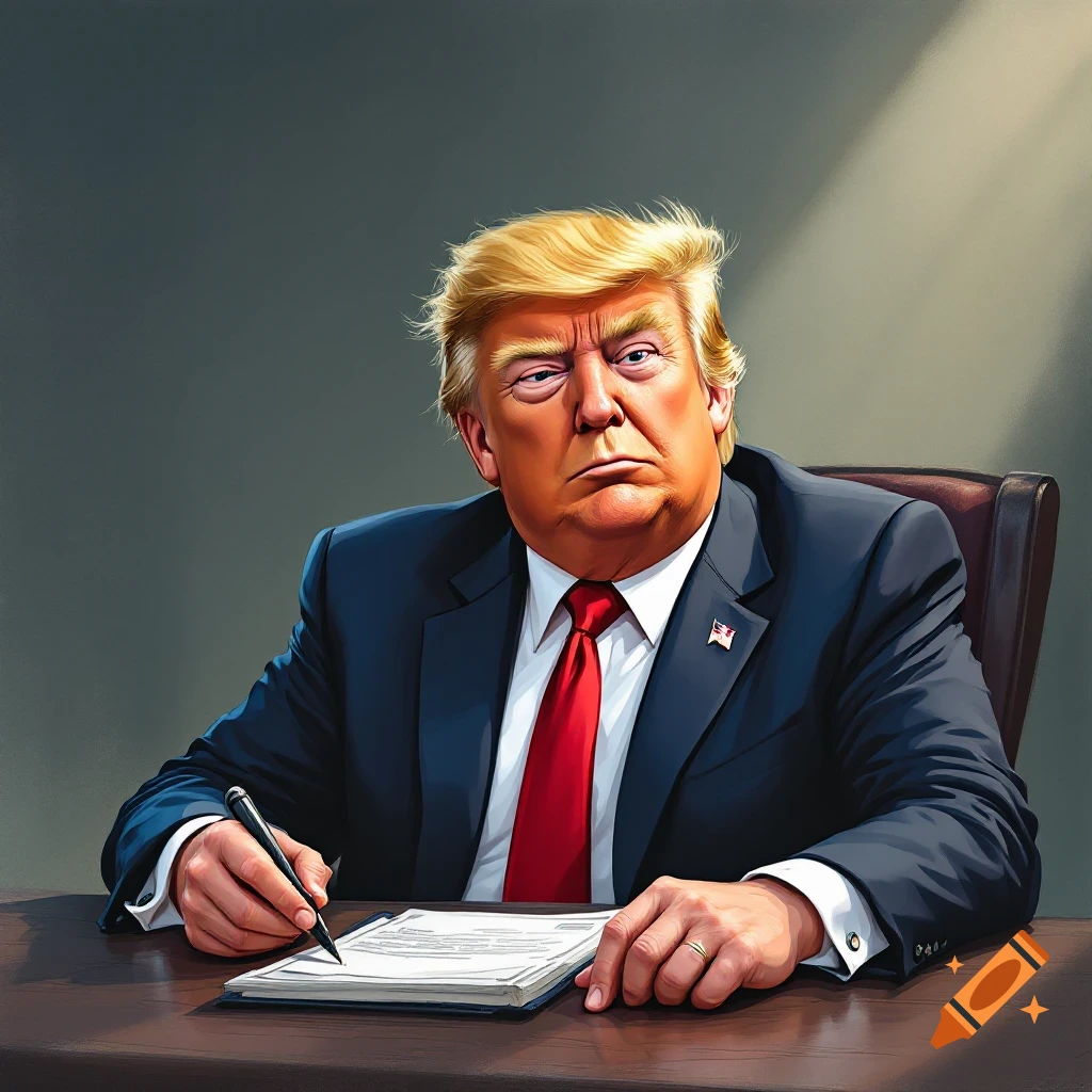 Cartoon portrait of Donald Trump signing papers at a desk.