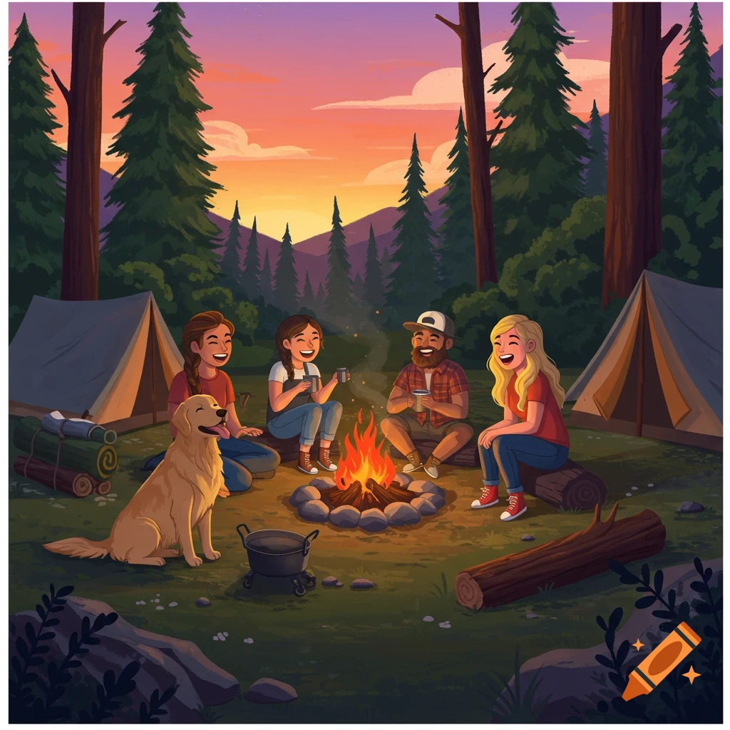 Friends camping with a dog around a campfire in a forest at sunset.