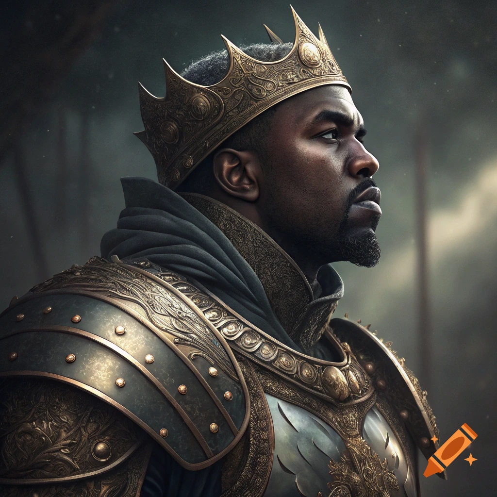 Portrait of a man resembling Kanye West wearing fantasy armor and a crown