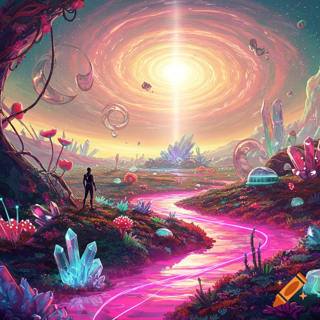A figure in a vibrant alien landscape with crystals, pink river, and a swirling vortex in the sky.