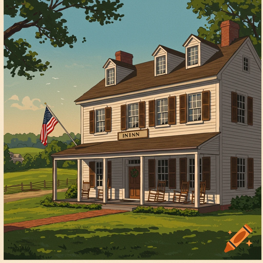 Colonial Inn with an American flag and rocking chairs on the porch.