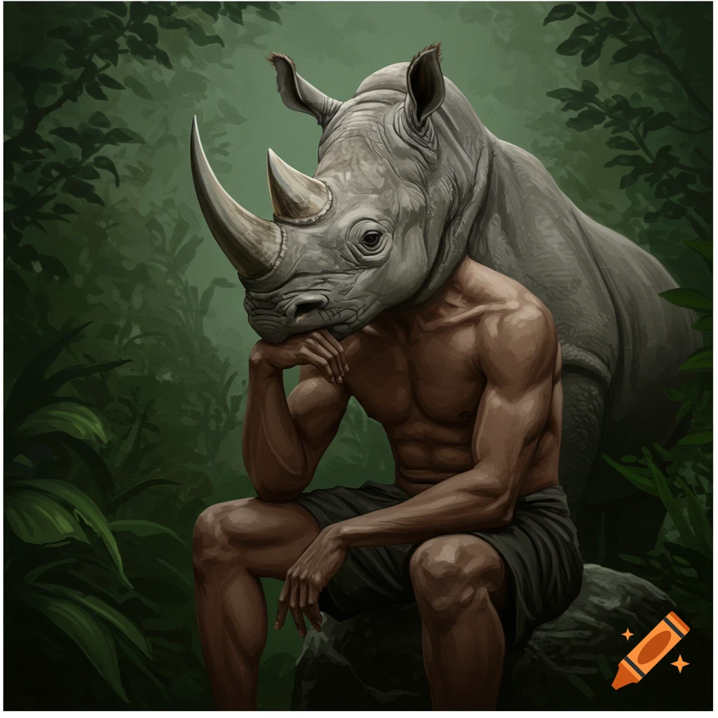 A human figure with a rhino head, sitting in a forest