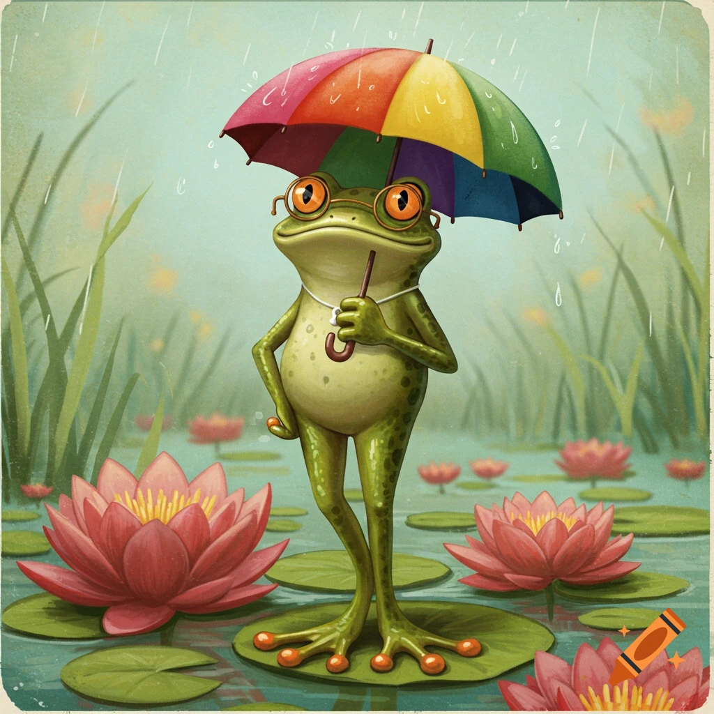 A frog with glasses and a rainbow umbrella stands on a lily pad in the rain, surrounded by pink water lilies.