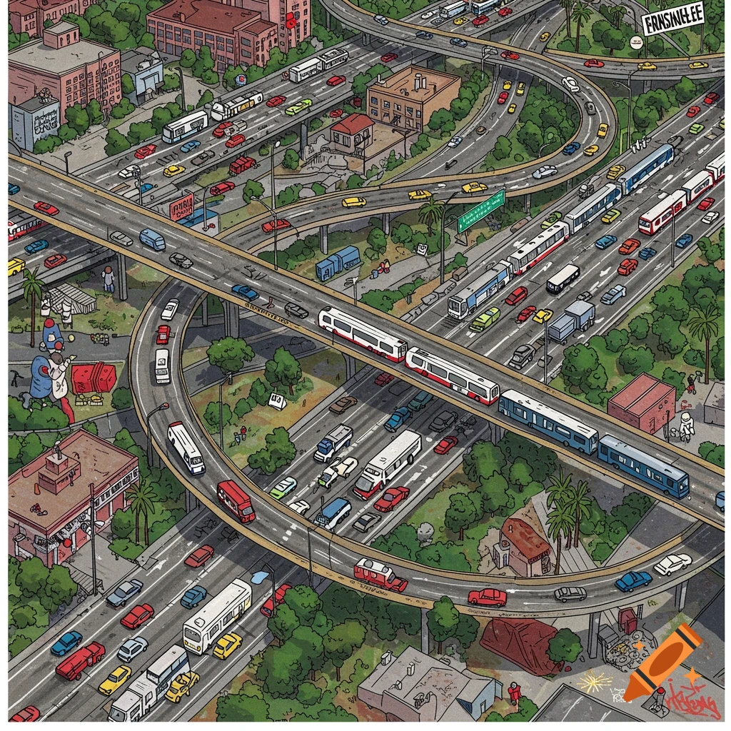 An intricate, detailed illustration of a sprawling urban highway interchange filled with cars, buses, and trains, in a graphic novel style.