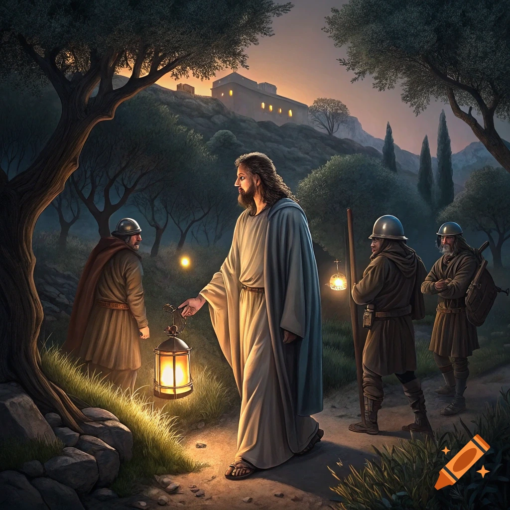 Painting of Jesus holding a lantern, walking with temple guards in a garden at night.