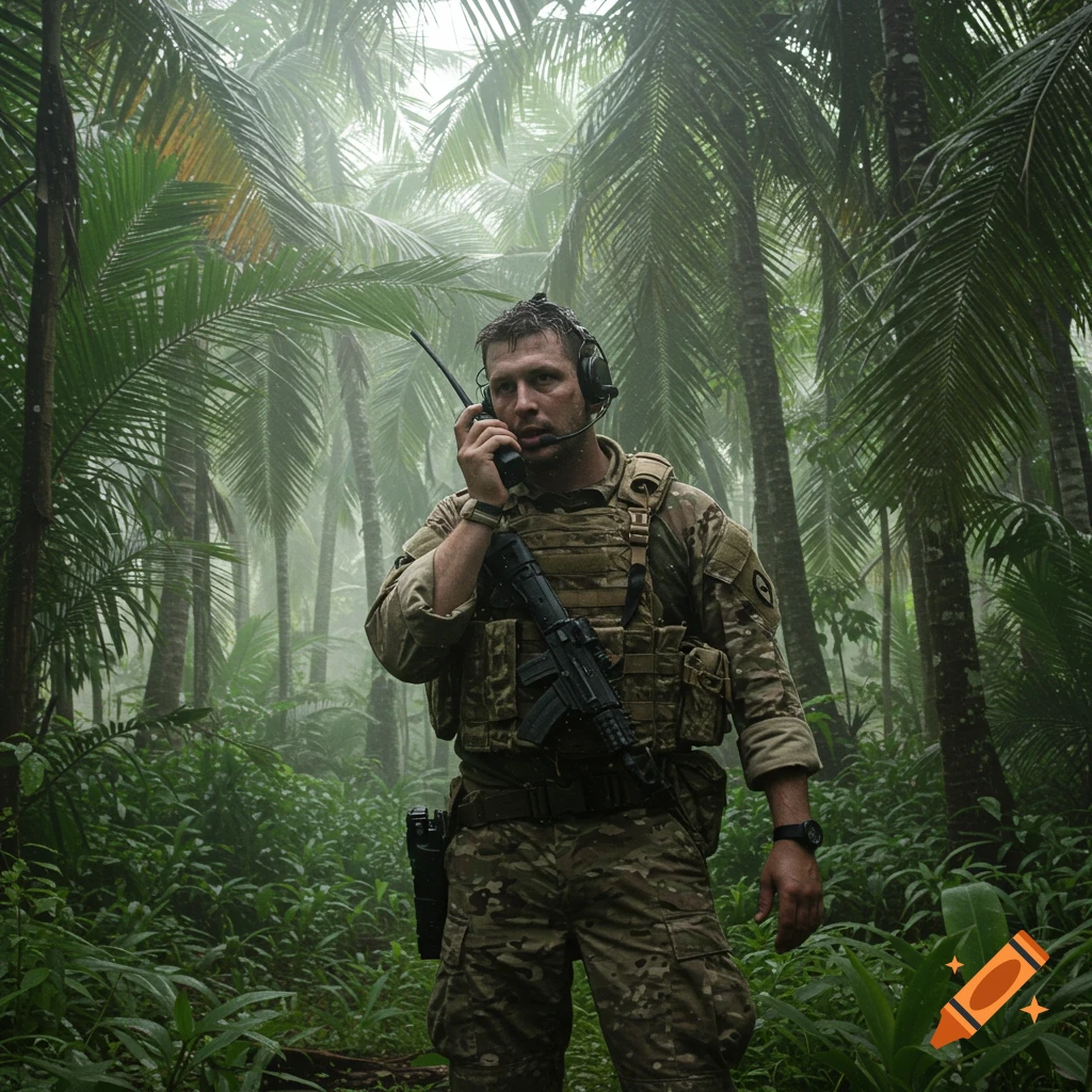 A soldier talks on a radio while standing in a dense, foggy jungle.