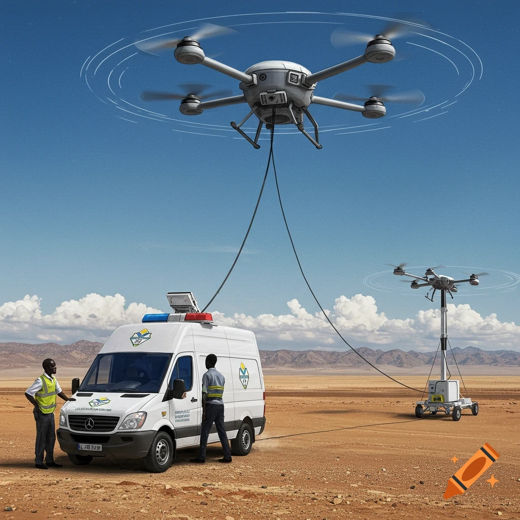 A van and tethered drones in a desert with two men.