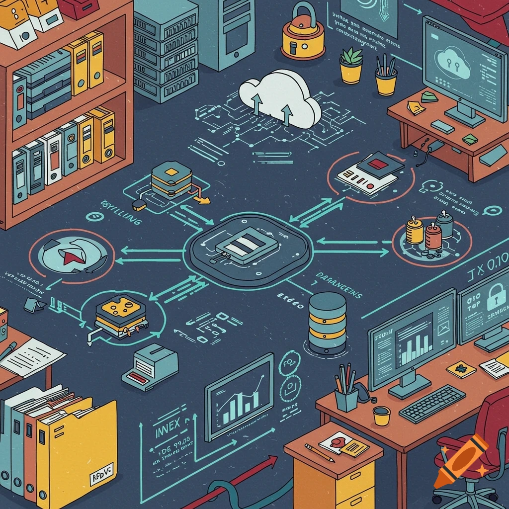 Isometric illustration of interconnected office systems, computers, servers, cloud storage, and data flow.
