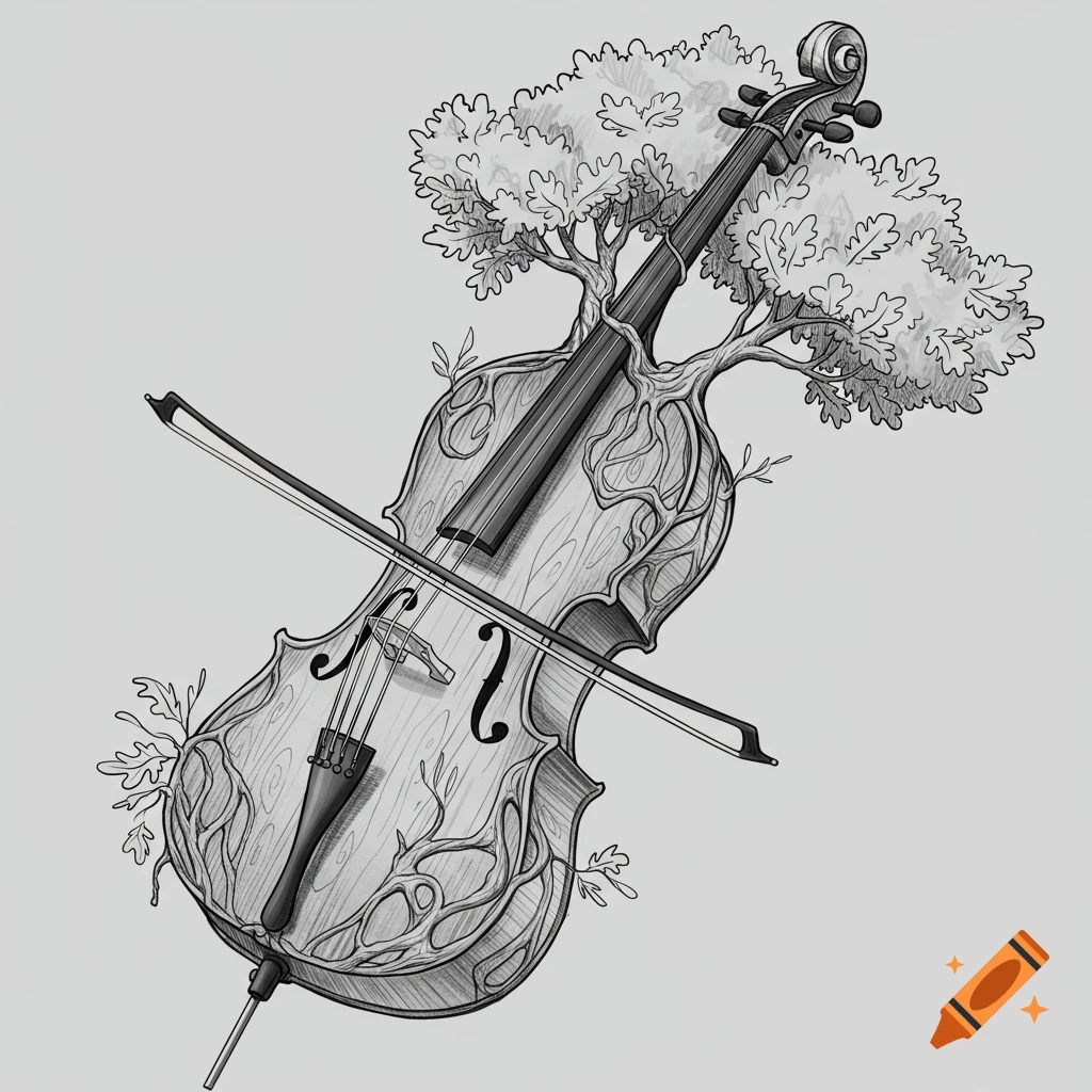 Black and white sketch of a cello integrated with a tree, roots and branches growing from it.