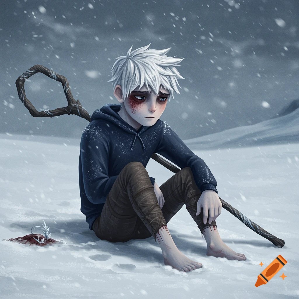 Illustration of Jack Frost sitting sadly in the snow with bruises and cuts, his staff beside him in a snowy winter landscape.