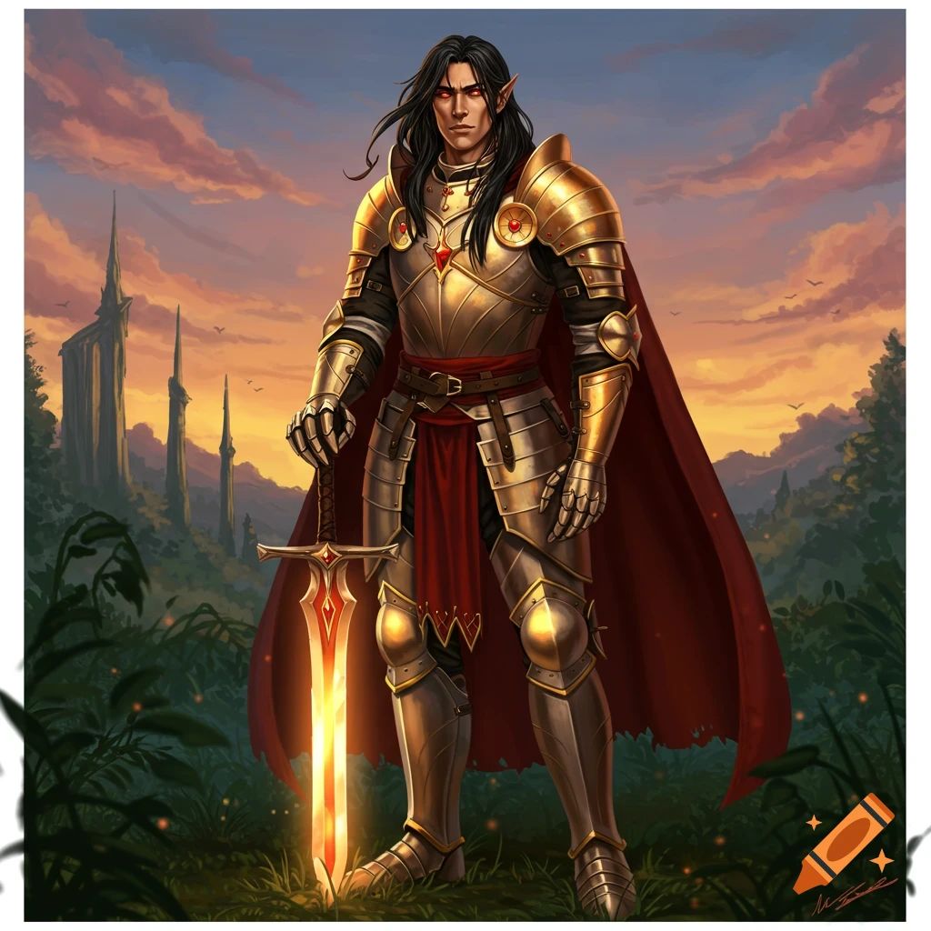 A fantasy knight in golden armor stands holding a glowing sword at sunset.