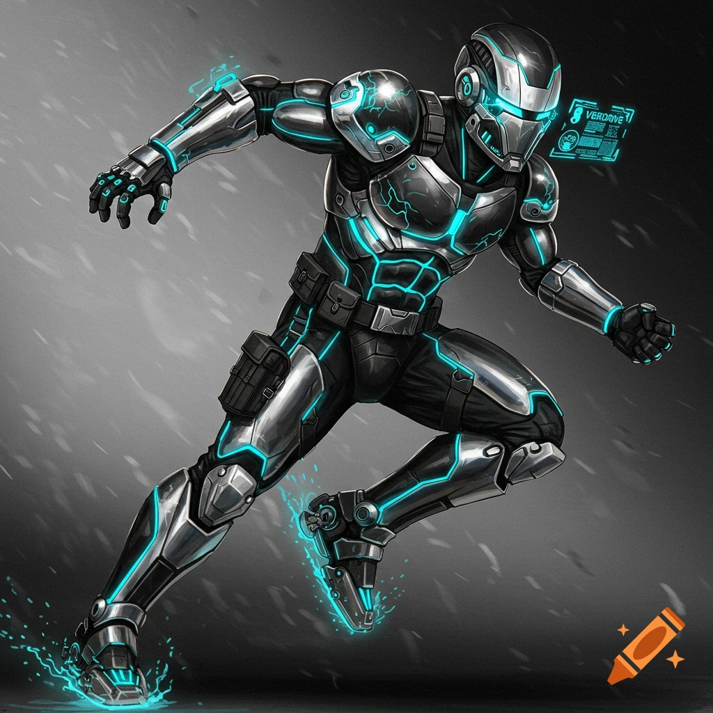 A sci-fi character in black and chrome armor with blue glowing lines, running.