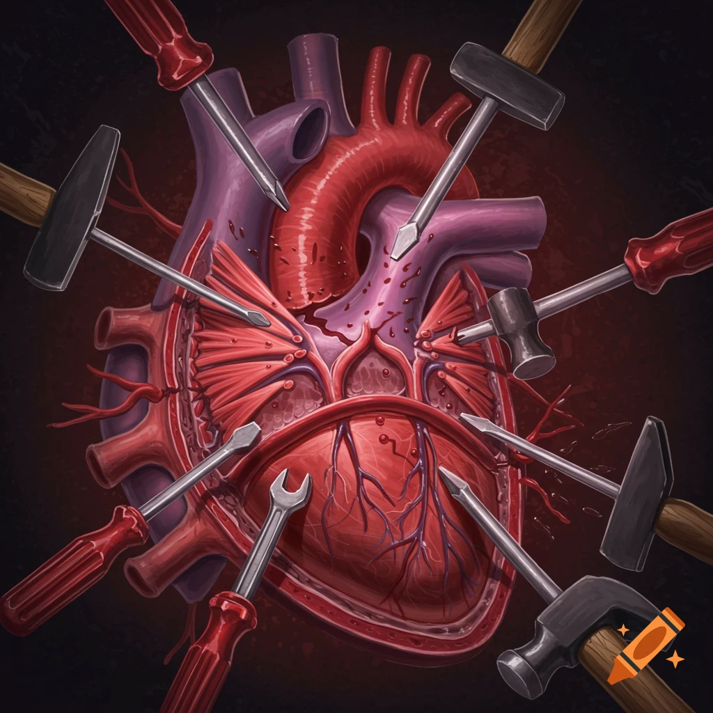 A human heart being attacked by hammers and screwdrivers.