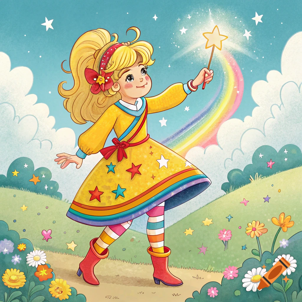 Illustration of a girl in a yellow star dress and rainbow tights holding a star wand, with a rainbow and stars in the background.