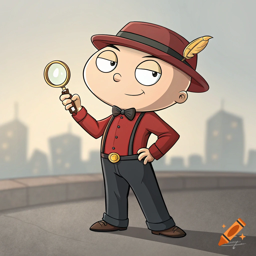 Cartoon character Stewie dressed as a detective with a magnifying glass