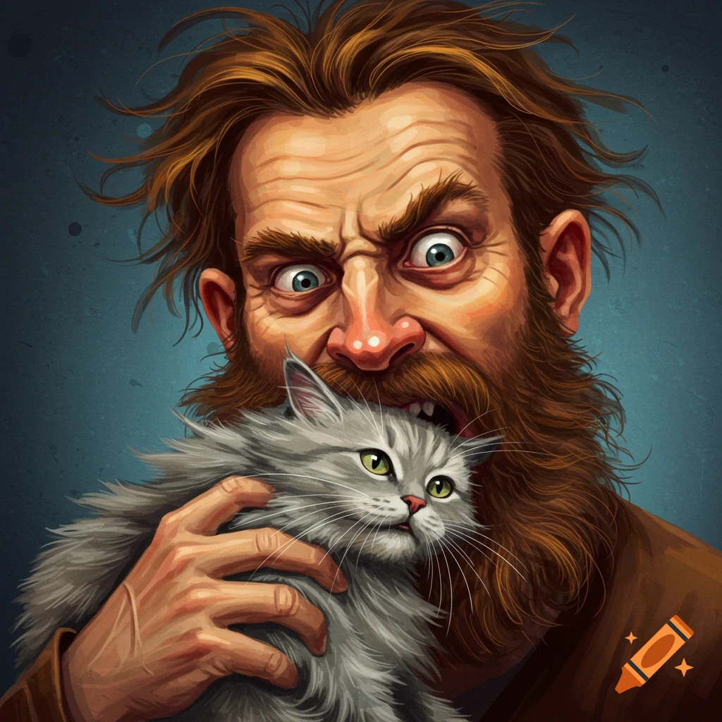A stylized depiction of a man biting a gray cat.