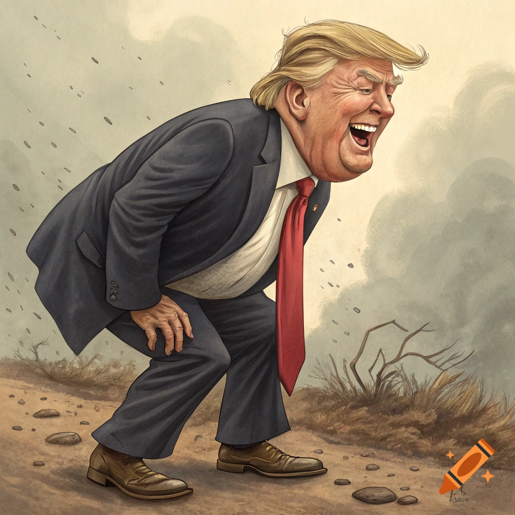 Cartoon caricature of Donald Trump stumbling and laughing in a dusty landscape.
