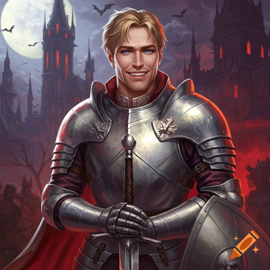 A smiling man in knight armor with blue eyes, holding a sword, standing in front of a castle with bats and a full moon.