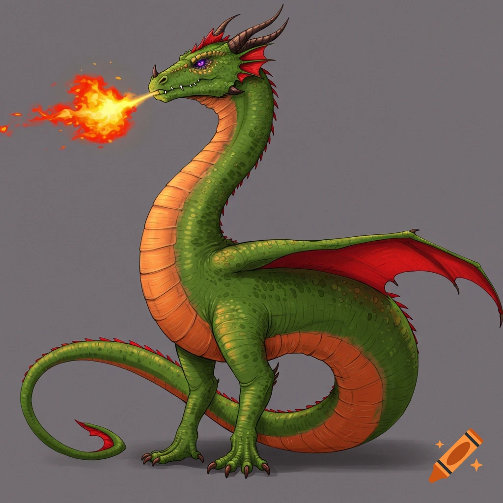 Green dragon with red wings and orange belly breathing fire on Craiyon