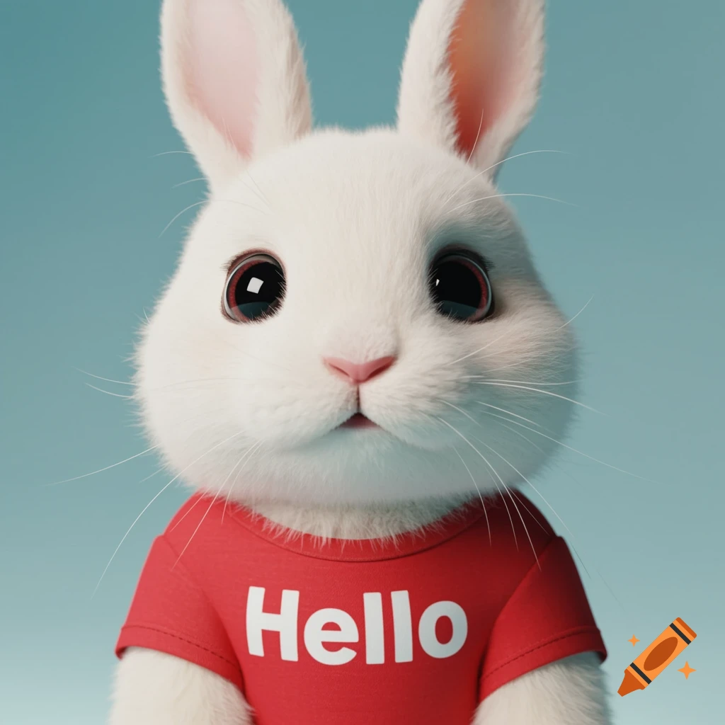 Fluffy white bunny wearing a red t-shirt that says 'Hello'