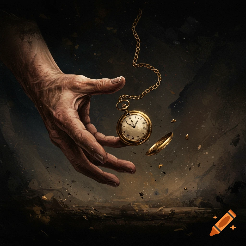 A hand is dropping a pocket watch with debris scattering.