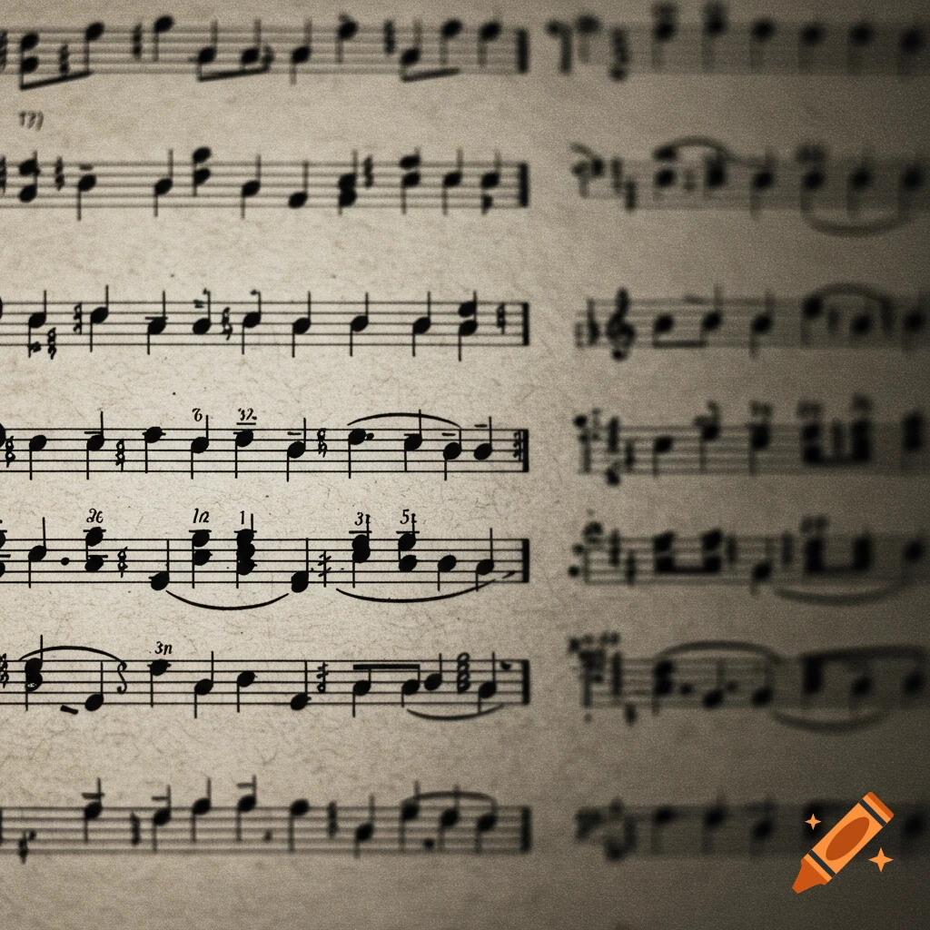A close-up view of vintage sheet music with a focus effect, featuring notes and scattered numbers on textured paper in sepia tones.