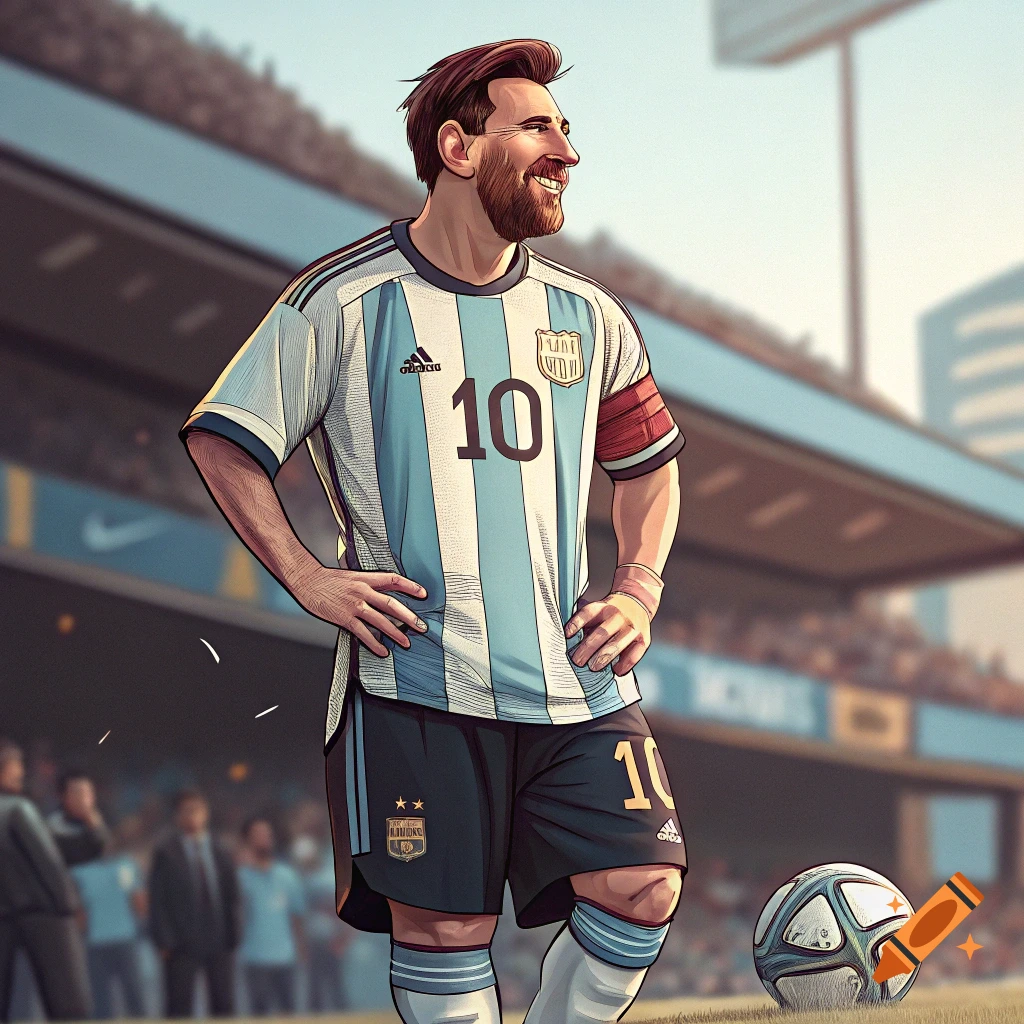 Illustration of Lionel Messi in a soccer jersey, standing in a stadium with a ball at his feet.