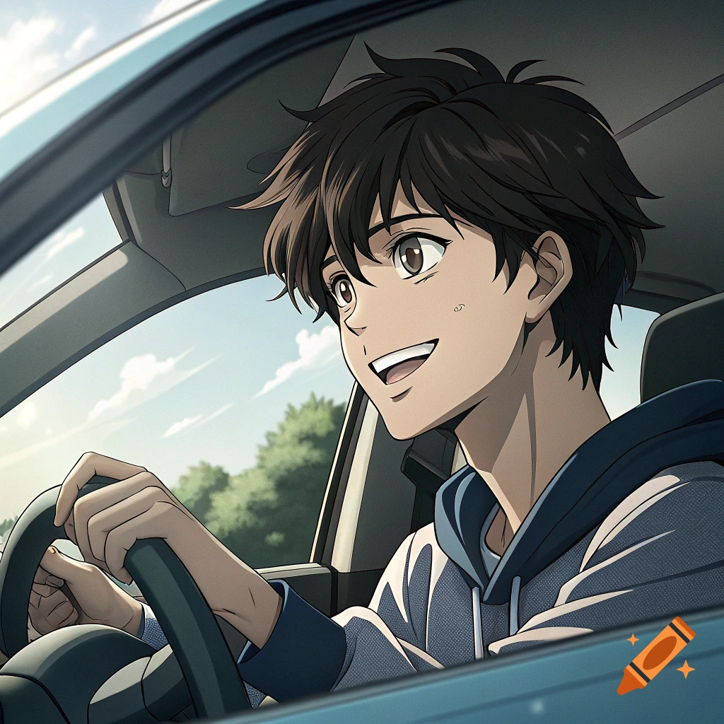 Anime boy with dark hair smiling while driving a car.