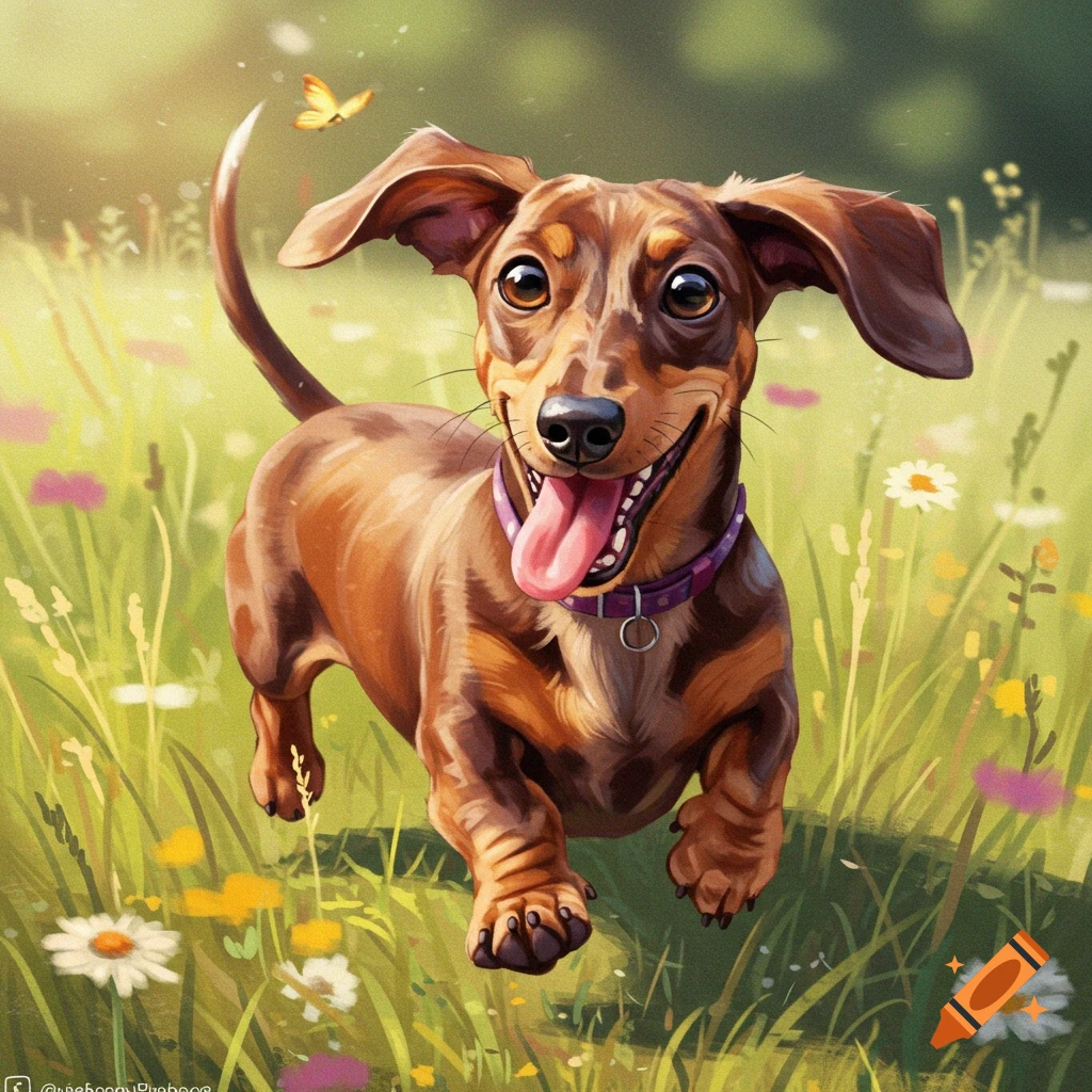 A happy dachshund running through a grassy field with flowers.