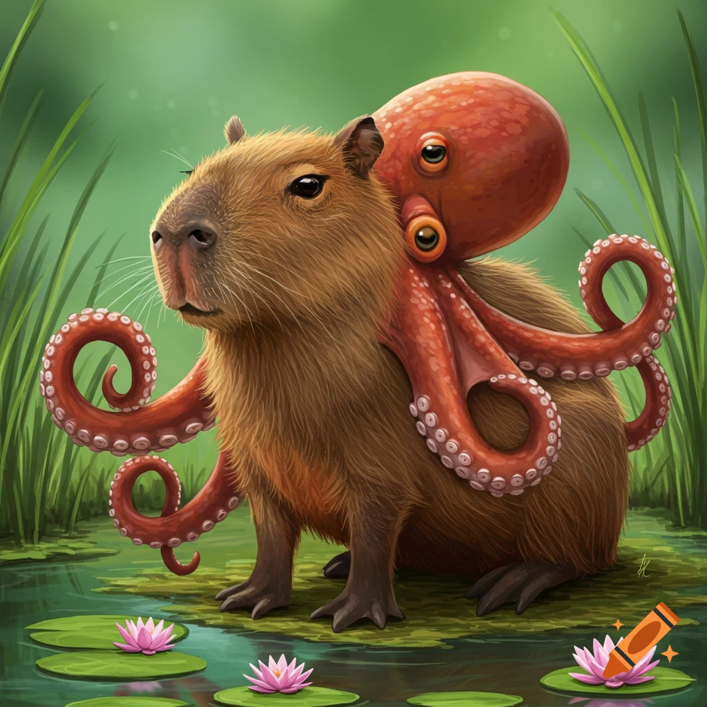 A capybara combined with an octopus sitting in a pond with lily pads.