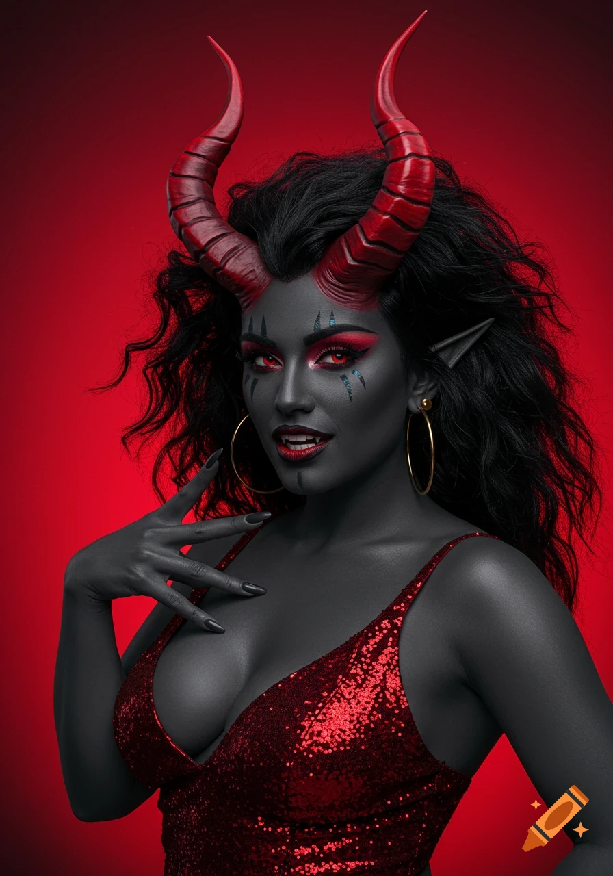 Portrait of a woman with dark gray skin, red horns, red eyes, and a sparkly red dress against a red background.